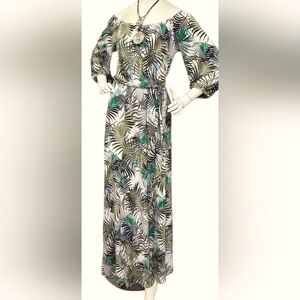 Triple Seven Tropical Palm Print 3/4 Sleeve Maxi Dress Green And Blue Size L
